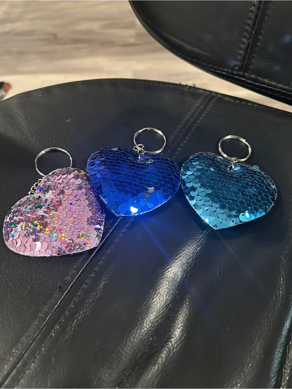 Sequin Heart Keychain Trio – Blue, Teal & Pink
